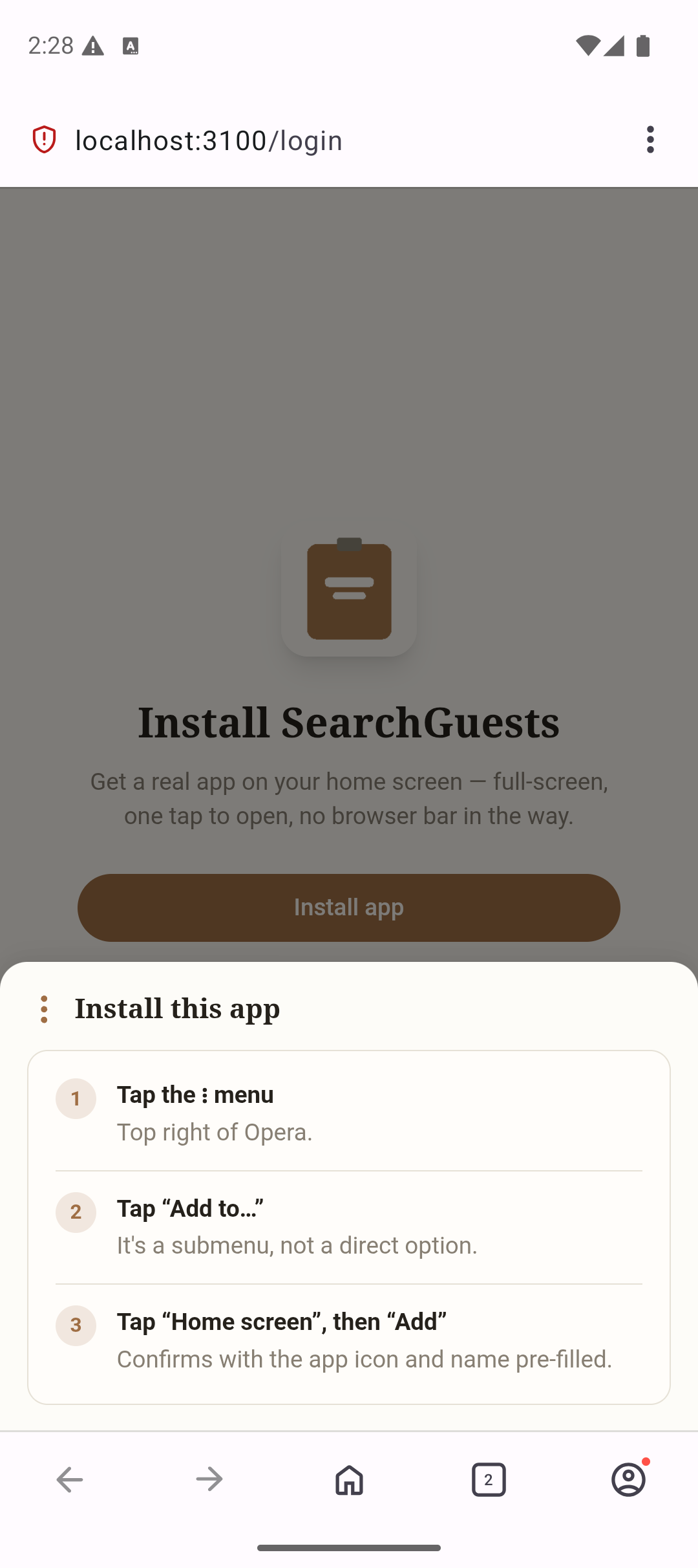 Opera install instructions sheet